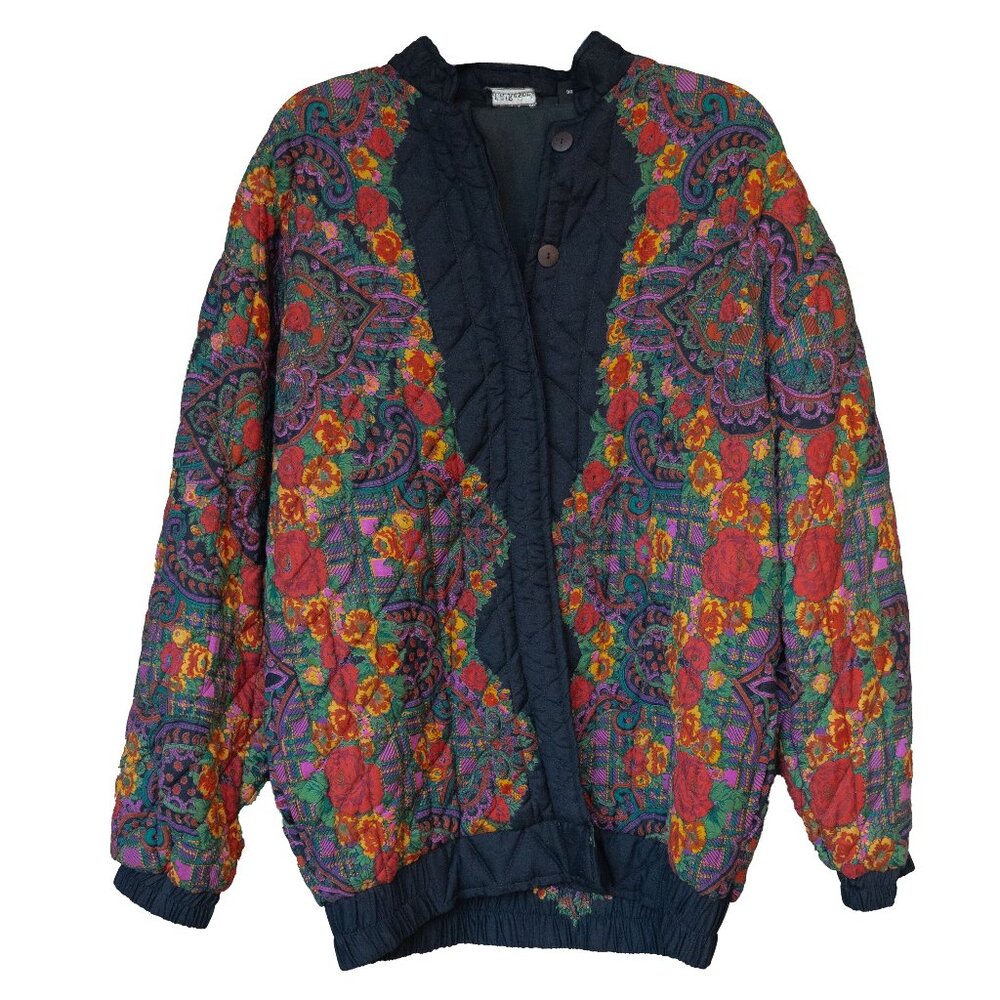 Quilted Coat Black Boho Vintage 80s Goth Floral Art Teacher Paisley Jacket